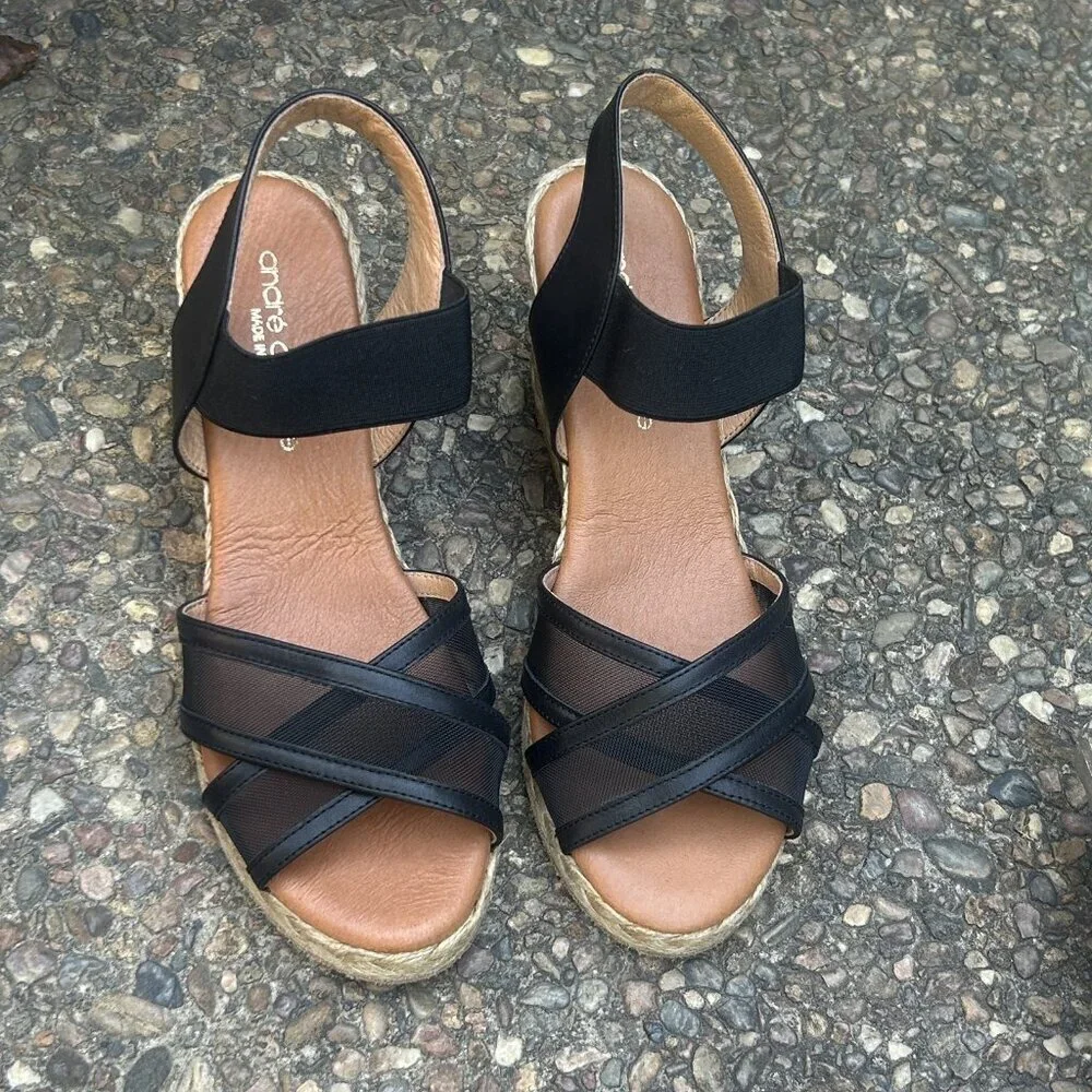 Andre Assoue Black Stretch Mesh Wedge Espadrille Sandals Size 37
